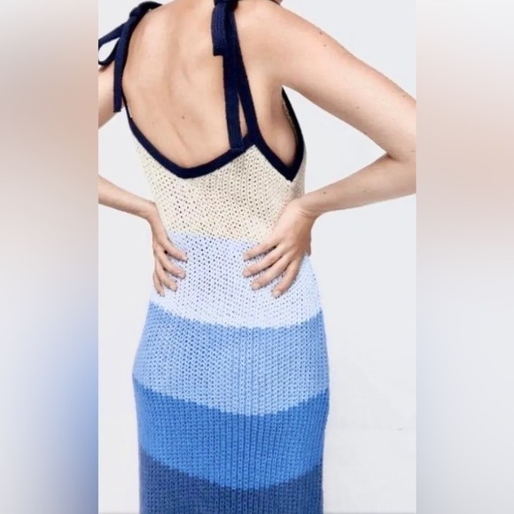 Zara Knit Blue and Cream Striped Sundress with Tie Spaghetti Straps - Picture 5 of 9